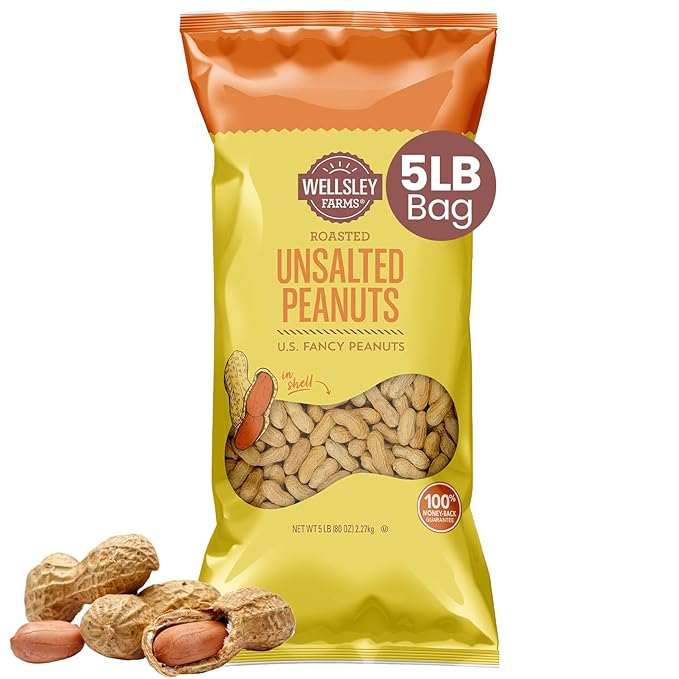 Wellsley Farms Unsalted Roasted In-Shell Peanuts USA Grown Whole with Shell Non-GMO Low Sodium Cholesterol-Free Shell-Cracking Snack for Game Day BBQ &amp Travel 5 lb Bag