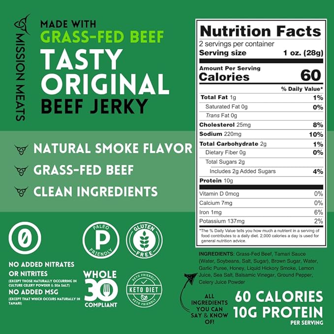 Mission Meats Beef Jerky Original 100% Grass Fed Beef 10g Protein per Serving Delicious &amp Tender – Paleo Keto Carnivore &amp Whole 30 Friendly 2oz Bags (Pack of 3)