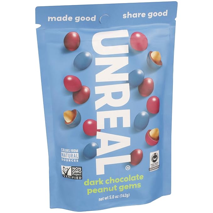 UNREAL Dark Chocolate Peanut Gems - Certified Vegan Fair Trade Non-GMO - Made with Gluten Free Ingredients and Colors from Nature - No Sugar Alcohols or Soy - 6 Bags