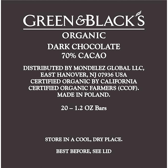 Green &amp Black's Organic Dark Chocolate Bar 70% Cacao 20 - 1.2 oz Bars