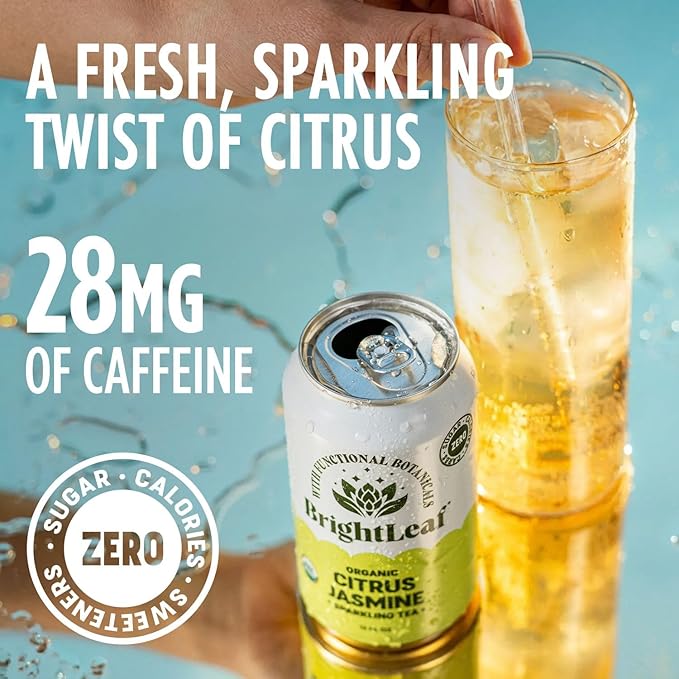 BrightLeaf Citrus Jasmine Sparkling Tea with Functional Benefits for Light Energy – Regenerative Organic Lightly Caffeinated Functional Tea Zero Sugar Zero Calories Zero Sweeteners – 12oz Cans 12