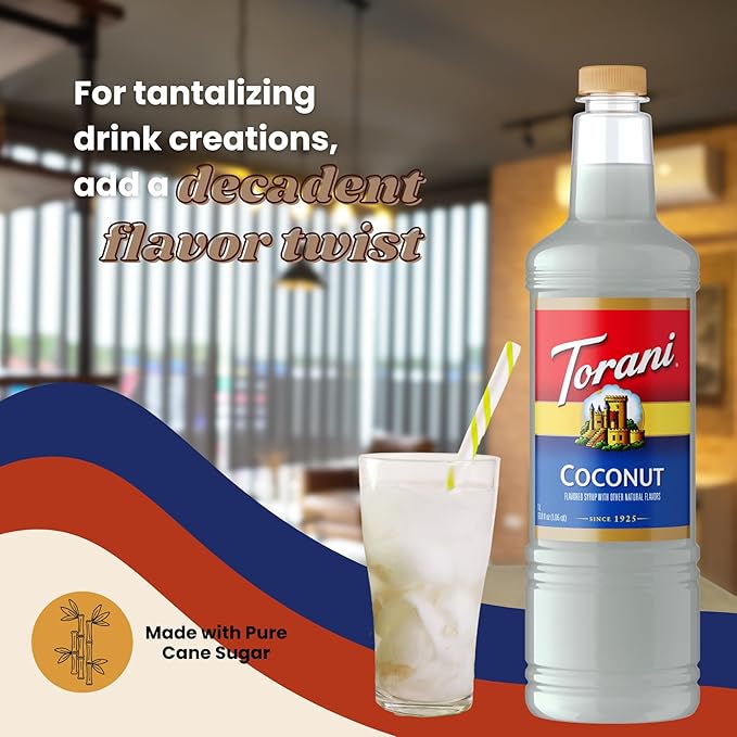 Torani Coconut Syrup 1 Liter Bottle with Pump – Premium Drink Flavoring Made with Pure Cane Sugar &amp Natural Flavors for Coffee Cocktails Smoothies &amp Desserts – Authentic Creamy Coconut Sweet