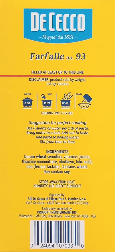 De Cecco Semolina Pasta Farfalle No.93 1 Pound (Pack of 12)