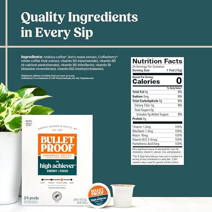 Bulletproof The High Achiever Single-Serve Pods 24 Count Medium-Dark Roast Enhanced Coffee with Lion's Mane Mushroom B Vitamins and Adaptogens for Energy and Focus (Pack of 2)