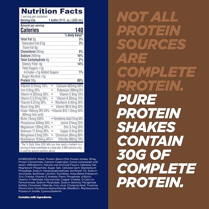 Pure Protein Chocolate Protein Shake 30g Complete Protein Ready to Drink and Keto-Friendly Vitamins A C D and E Plus Zinc to Support Immune Health 11oz Bottles (Pack of 12)