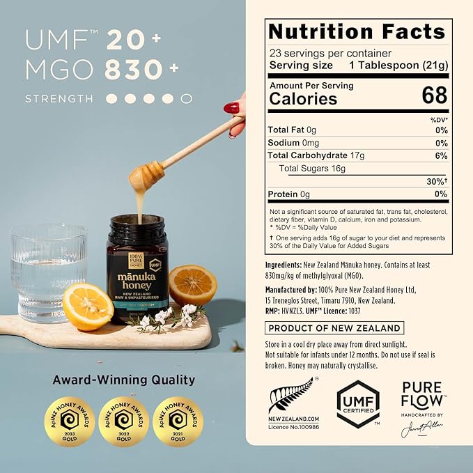 Manuka Honey UMF 20+ MGO 830+ 100% Pure New Zealand Raw Unfiltered Certified Award Winning Silky Smooth Taste &amp Texture 17.6 Oz
