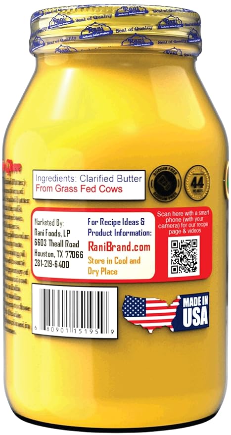 Rani Ghee Pure &amp Natural from Grass Fed Cows (Clarified Butter) 32oz(2lbs) 908g ~ Glass Jar | Paleo Friendly | Keto Friendly | Gluten Free | Kosher | Product of USA