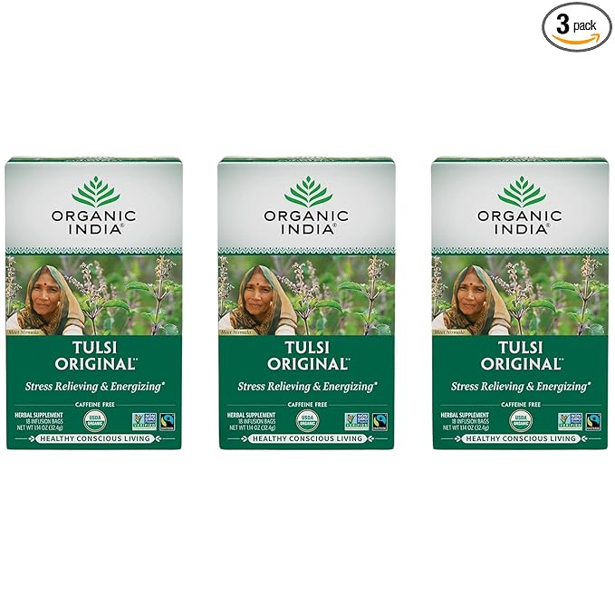 ORGANIC INDIA Tulsi Original Herbal Tea - Holy Basil and African Basil Calming and Stress Relief Tea Immune Support USDA Certified Organic Non-GMO Caffeine-Free - 18 Infusion Bags 3 Pack
