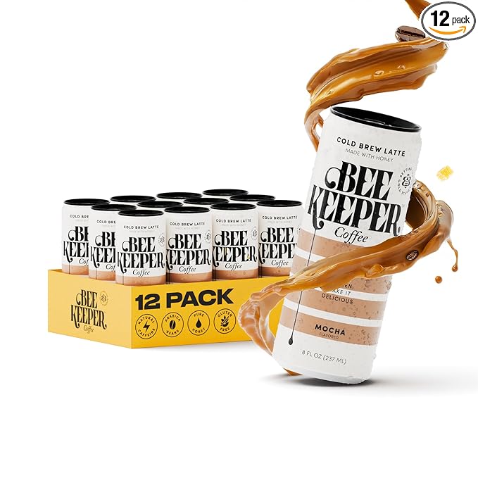 Beekeeper Mocha Latte Cold Brew Coffee Drinks with Oregon Honey | 12 Pack Refreshing Iced Coffee - Unsweetened &amp Strong Arabica Brew 8 fl oz Ready-to-Drink Can - 180mg Natural Caffeine