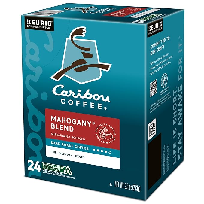 Caribou Coffee Mahogany Keurig Single-Serve K-Cup Pods Dark Roast Coffee 96 Count (Pack of 4)