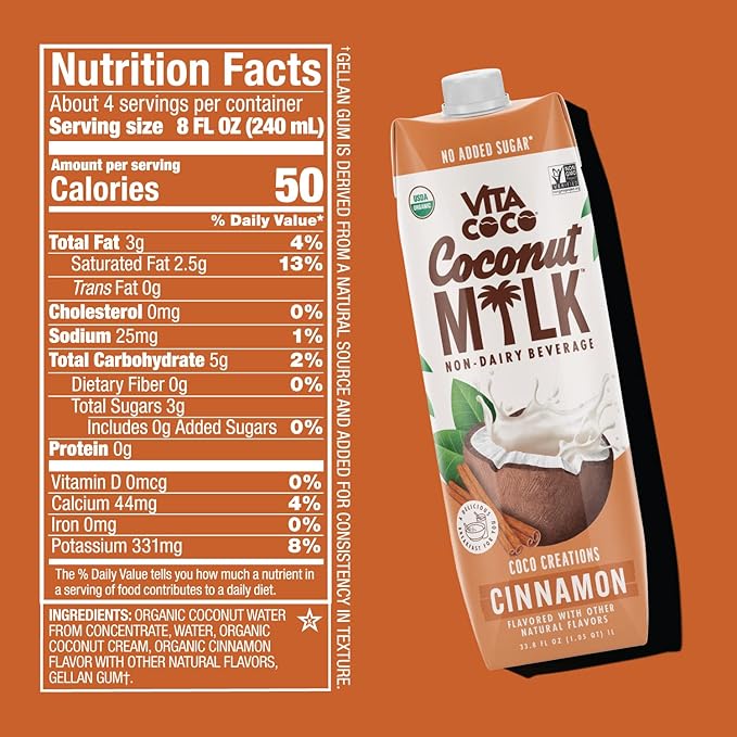 Vita Coco Cinnamon Organic Coconut Milk Plant Based Dairy Free Milk Alternative - Gluten Free Soy Free and Unsweetened - Perfect Add to Cereal Smoothies Desserts - 33.8 Fl Oz (Pack of 6)