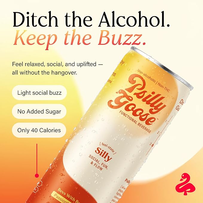 Non-Alcoholic Social Drink &amp Functional Beverage | Silly - Passionfruit Mango 12 FL OZ | Powered by Kanna &amp Lion's Mane | 4-Pack
