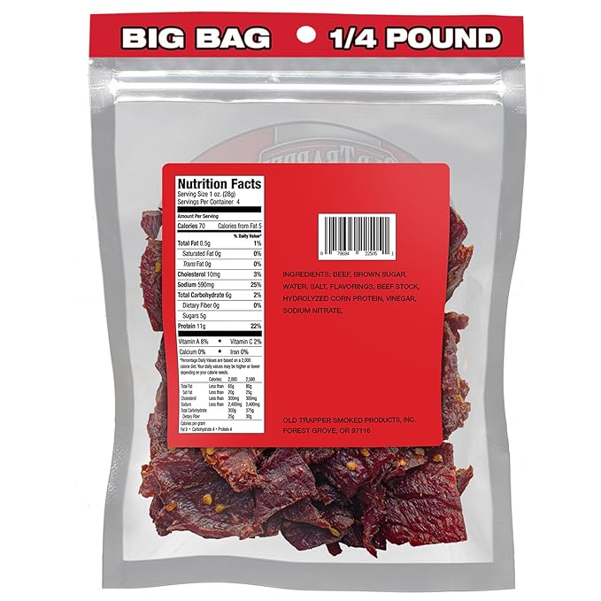 Old Trapper Beef Jerky Hot &amp Spicy 1/4-Pound Individual Package Savory and Spicy Meat Snacks for Lunches or Between Meals 11 Grams of Protein and 70 Calories per Serving (Pack of 8)