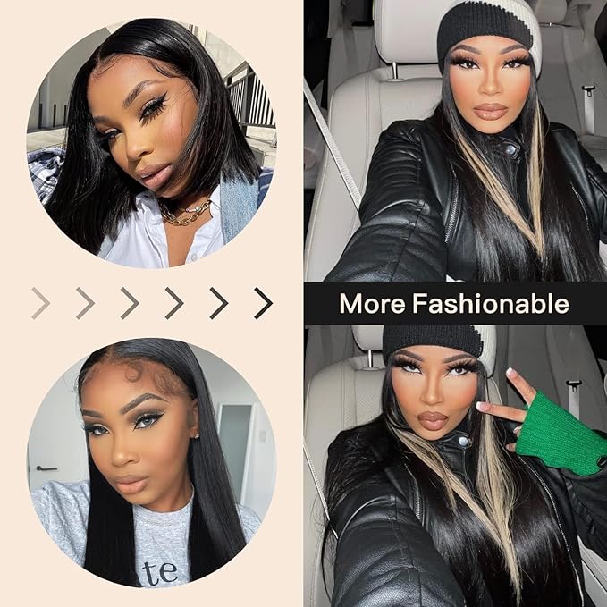 Highlight Blonde Wig 13x6 Lace Frontal Stripe Wig Natural Black with 27 Honey Blonde Color Highlight Straight Hair Lace Front Wigs 28 Inch