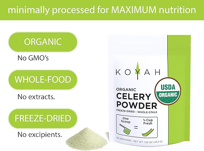 KOYAH - Organic USA Celery Powder (1 Scoop = 1/4 Cup Fresh): 36 Servings Freeze-dried Whole-Stalk Powder