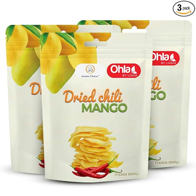 Dried Chili Mango by Amazin Choices Premium Spicy Mango Strips Vegan Non GMO and Gluten Free. Large Pack of Dried Fruit Snacks for Office - Snack Viet - Chili Fruit Snacks - Pack of 3 (52.89 Oz)