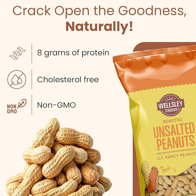 Wellsley Farms Unsalted Roasted In-Shell Peanuts USA Grown Whole with Shell Non-GMO Low Sodium Cholesterol-Free Shell-Cracking Snack for Game Day BBQ &amp Travel 5 lb Bag