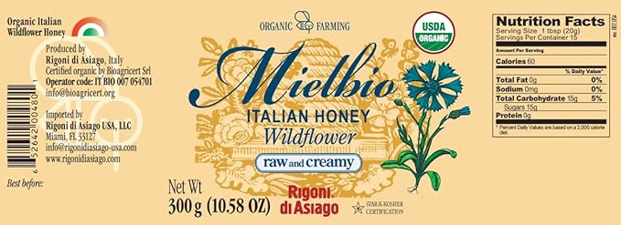 Rigoni di Asiago Mielbio Organic Italian Raw and Creamy Honey Wildflower 6 Count