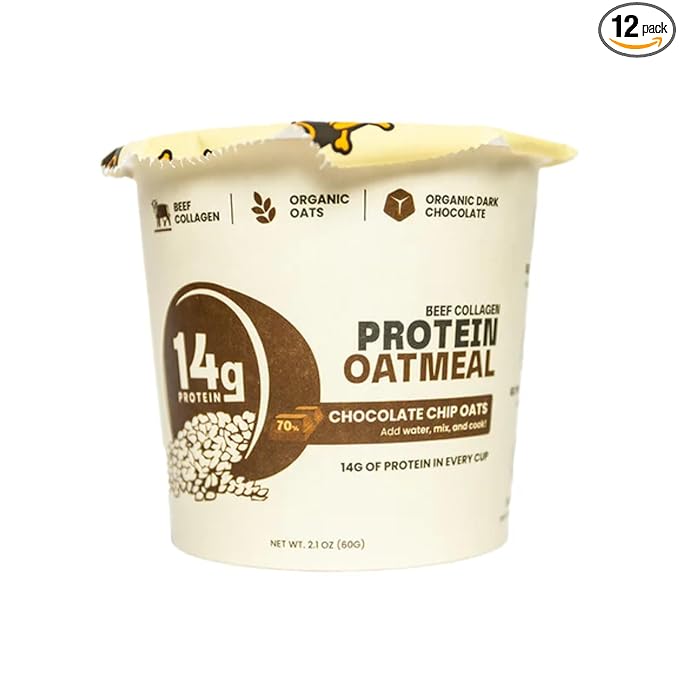 Beef Cakes Beef Collagen Protein Oatmeal (12 Pack Dark Chocolate Chip) – 14g Protein Clean Ingredients No Dairy or Seed Oils – High Protein Breakfast for Athletes