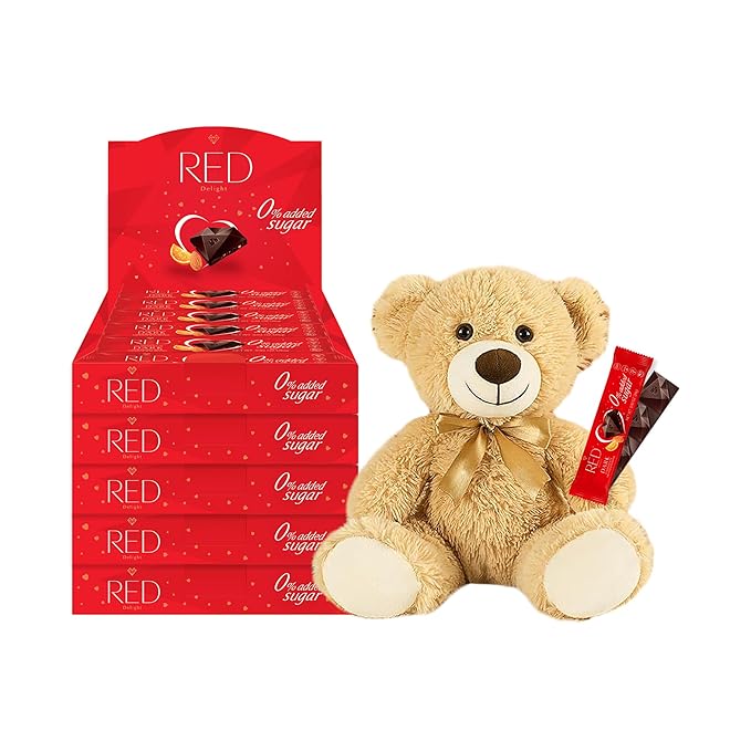 RED Delight®™ Orange and Almond Dark Chocolate 12 Count Box of Grab N Go Travel Size Bars (0.92 Ounces Each) (5 Boxes - Total of 60 Bars + 14 Plush Teddy Bear)