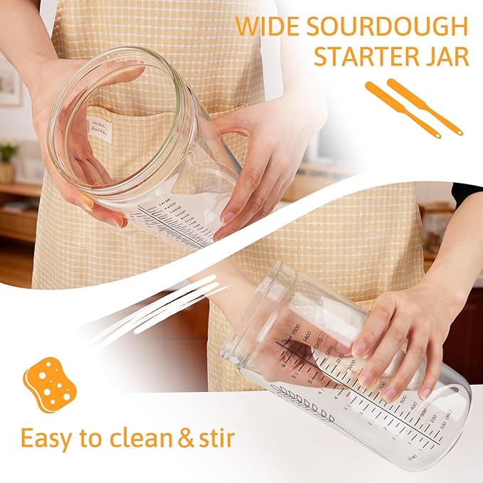 57oz Sourdough Starter Jar Kit Extra Large Capacity Sourdough Jar Wide Mouth Sourdough Bread Starter Kit for Perfect Sour Dough Bread Glass Jar for Baker (Black)