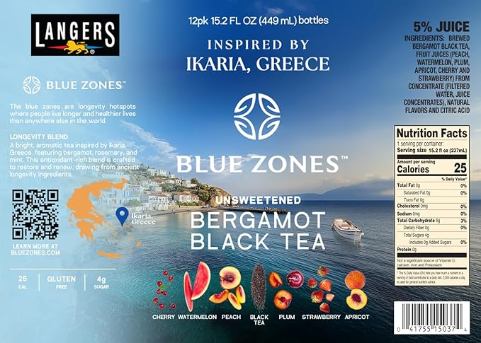 Langers Blue Zones Inspired Unsweetened Tea Bergamot Black Tea with Fruit Juice 15.2 Fl Oz (Pack of 12)