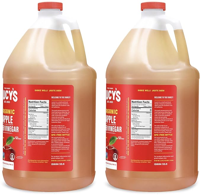 Lucy's Family Owned - USDA Organic NonGMO Raw Apple Cider Vinegar Unfiltered Unpasteurized With the Mother (2 Pack Gallon)