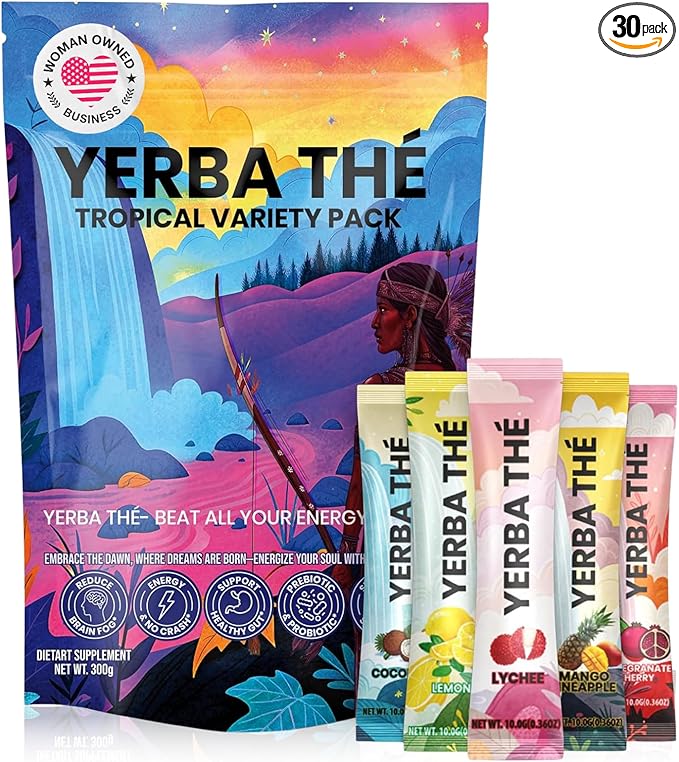 Yerba Mate Powder - Gut Health Support Drink - Probiotics &amp Prebiotics - Reduce Brain Fog Relaxation &amp Focus - Natural Yerba Mate Clean Energy - Mixed Fruit Flavors - Sugar-Free - 30 Sachets