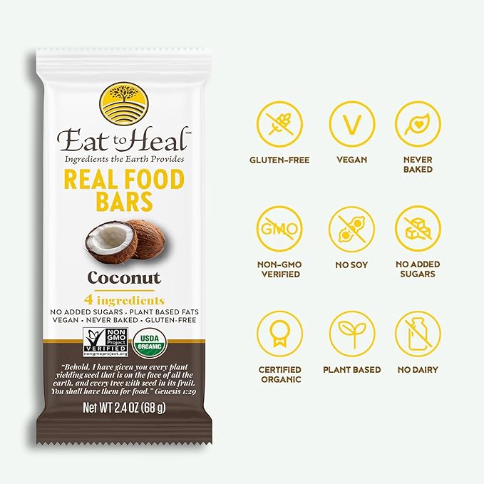 EatToHeal Coconut Real Food Bar - Organic Vegan Healthy Gluten Free Protein Bars - Low Sugar Meal Replacement Bar Non GMO Never Baked Plant Based - Crafted to Enjoy Not Sit on Shelves