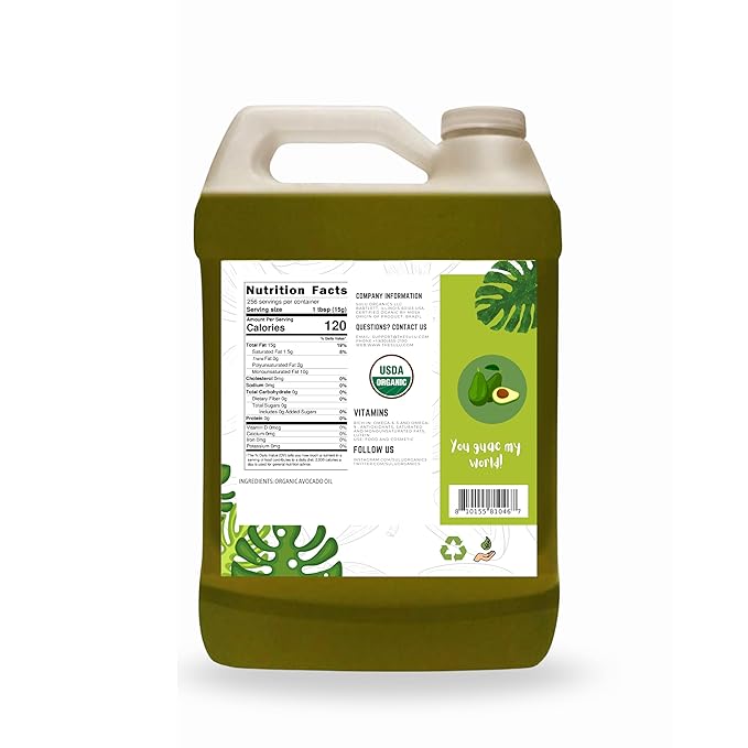USDA Certified Organic Cold Pressed Unrefined Raw Avocado Oil - 1 Gallon/128 fl.oz