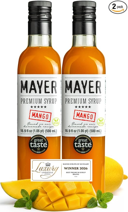 Mayer Mango Syrup for Drinks &amp Cocktails – Handcrafted in Hungary Natural Mango Flavoring Syrup – Handcrafted with 100% Real Fruits for Martini Mocktail Smoothie Lemonade Pancakes Ice Cream