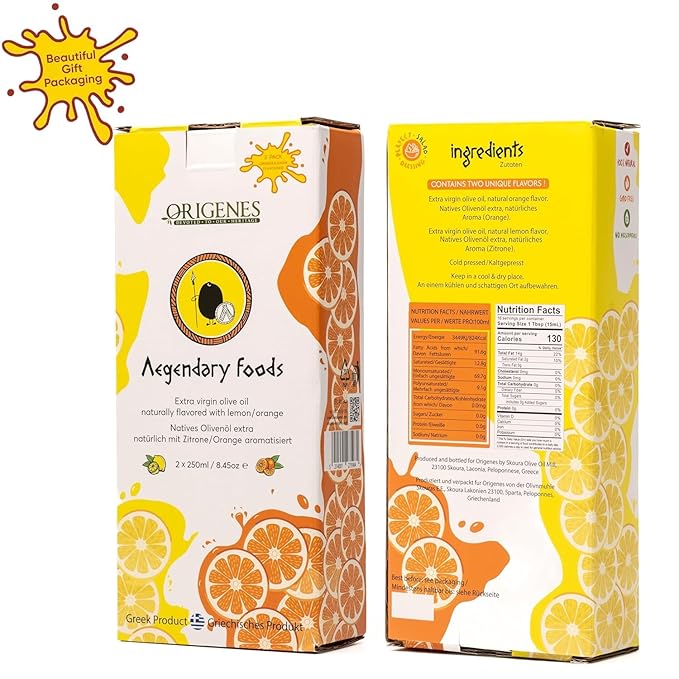 Pack of 2 Extra Virgin Flavored Olive Oil 1 Bottle Lemon Infused 1 Bottle Orange Infused EVOO Cold Pressed Polyphenol Rich EVOO Intense Flavor Olive Oil Extra Virgin from Laconia 2X250ml