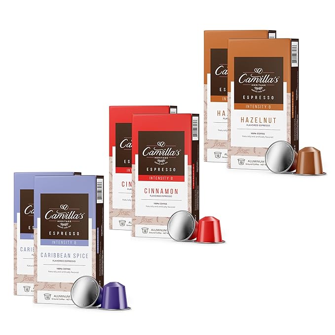 Camilla’s Heritage - Intensity 8 Flavored Espresso Coffee Spiced Variety Pack (Caribbean Spice Cinnamon &amp Hazelnut Espresso Cups) 60 Coffee Pods