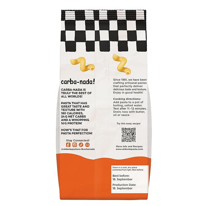 Al Dente Carba-Nada Cavatappi - Low Carb High Protein - Keto &amp Point-Based Diet-Friendly Artisanal Pasta Noodles Cage-Free Eggs &amp Non-GMO Ingredients. 12oz Bags (Pack of 8)