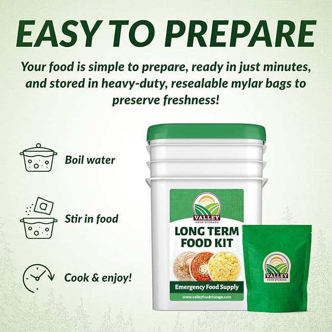 Valley Food Storage Long Term Food Supply Kit | 12 Buckets Emergency Survival Food with 75g+ Daily Protein &amp 1800+ Calories | 25 Year Shelf Life Prepper Supplies for Disaster Preparedness