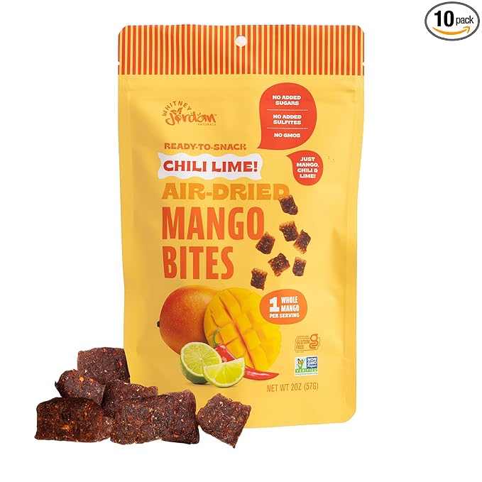 Whitney Jordan Naturals Air-Dried Chili Lime Mango Bites | Dried Fruit Made from Real Mangoes with Chili and Lime | No Sugar Added Vegan Chewy Fruit for Healthy Snacking On-the-Go | 2 Oz Pack of 10