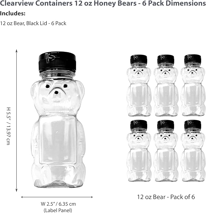 12 Ounce Clear Plastic Squeezable Honey Bears with Sealable Flip Top Lids - BPA Free Hand Wash Only (Black 6 Pack)