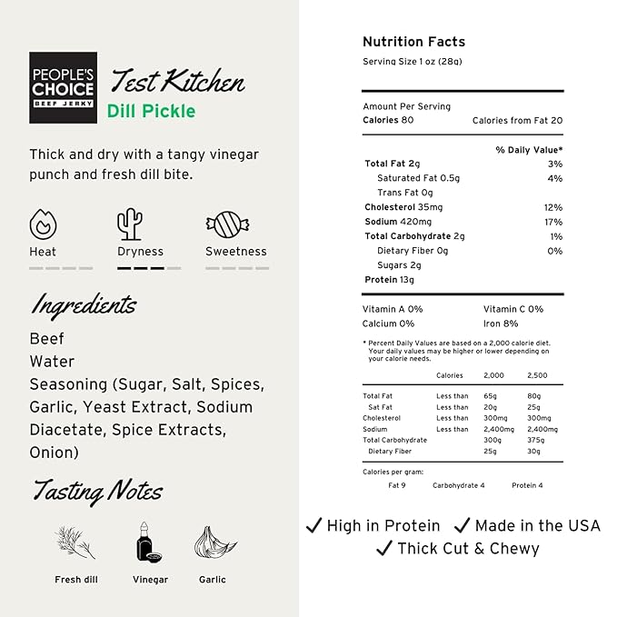 People’s Choice Beef Jerky – Test Kitchen – Dill Pickle – Dry Texture – 13g Protein – Made in USA – 1 Pound (16 oz) Bag