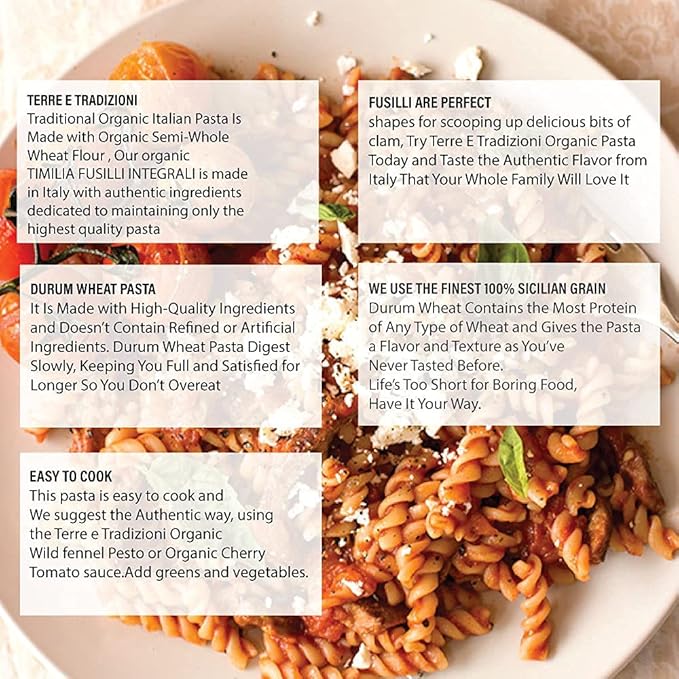 6 PACKS ORGANIC ITALIAN WHOLE DURUM WHEAT FUSILLI PASTA – Sicilian Ancient Grain Timilia Vegan Pasta Crafted in Italy. LOW-GLUTEN INDEX. Has 6X More Fiber and Protein than Popular Grains. Al dente tex