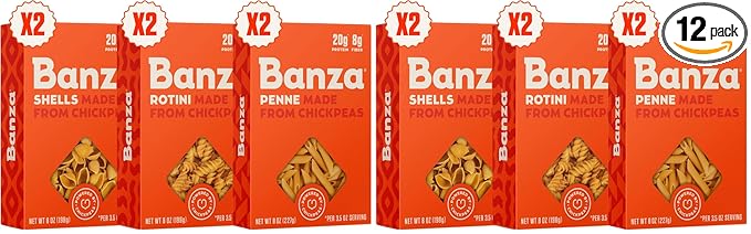Banza Gluten-Free Chickpea PastaVariety Pack 20g Protein | Lower Carb | High Fiber-| High Protein-| Plant Based Pasta-| 8oz(Pack of 12)
