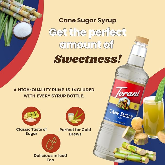 Torani Cane Sugar Sweetener Coffee Syrup 1 Liter Bottle with Pump Dispenser – Pure Cane Sugar Flavoring Syrup for Lattes Teas Cocktails Cold Brews &amp Desserts – Barista Quality