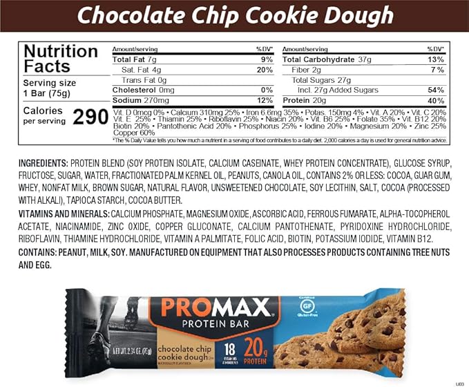 Promax Protein Bar Chocolate Chip Cookie Dough 20g High Protein Gluten Free 12 Count