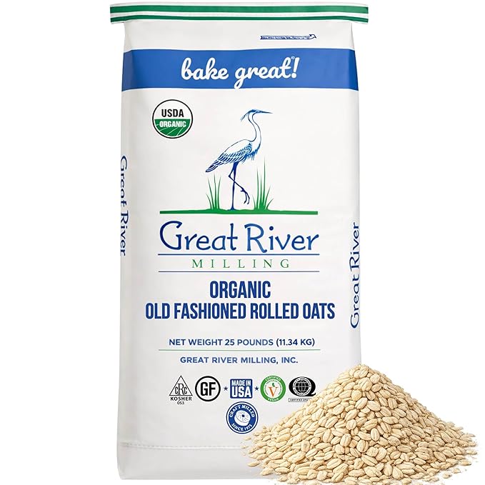 Great River Milling Organic Old Fashioned Rolled Oats | Whole Grain USDA Organic Non-GMO Kosher | Hearty Texture for Oatmeal Granola Cookies Baking &amp Meal Prep | 25 Lb. (Pack of 1)