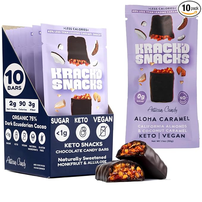 Krack’d Snacks Chocolate Snack Bars 10 Pk | Plant-Based Dark Chocolate Aloha Caramel with Almonds &amp Coconut | Gluten Free Candy Bars | Keto Chocolate Treats
