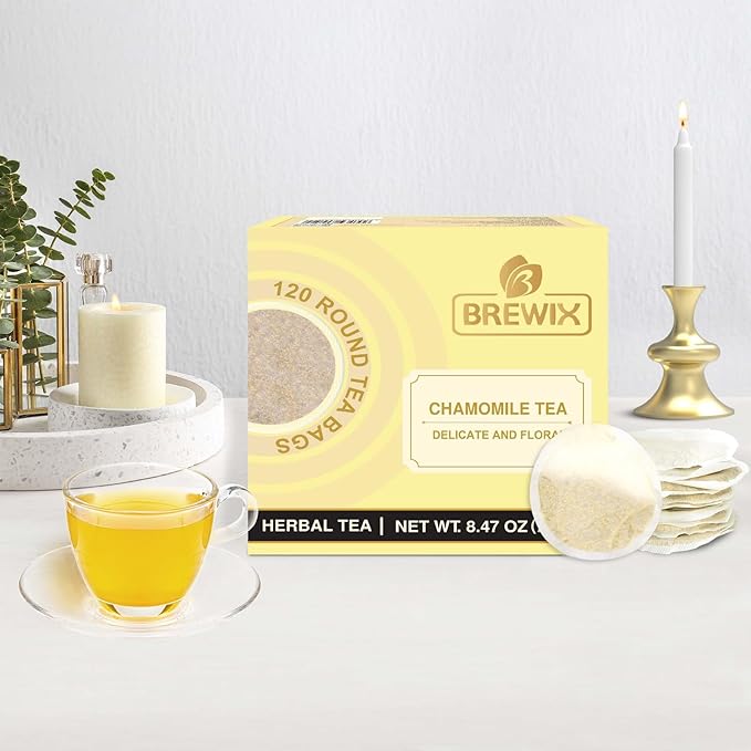 BREWIX Chamomile Tea (120 Round Tea Bag) | Eco-Conscious Tea Bags | Stress Relief Relaxing Calming Supports Healthy Digestion | Caffeine Free | Premium Natural Camille Tea | Herbal Tea