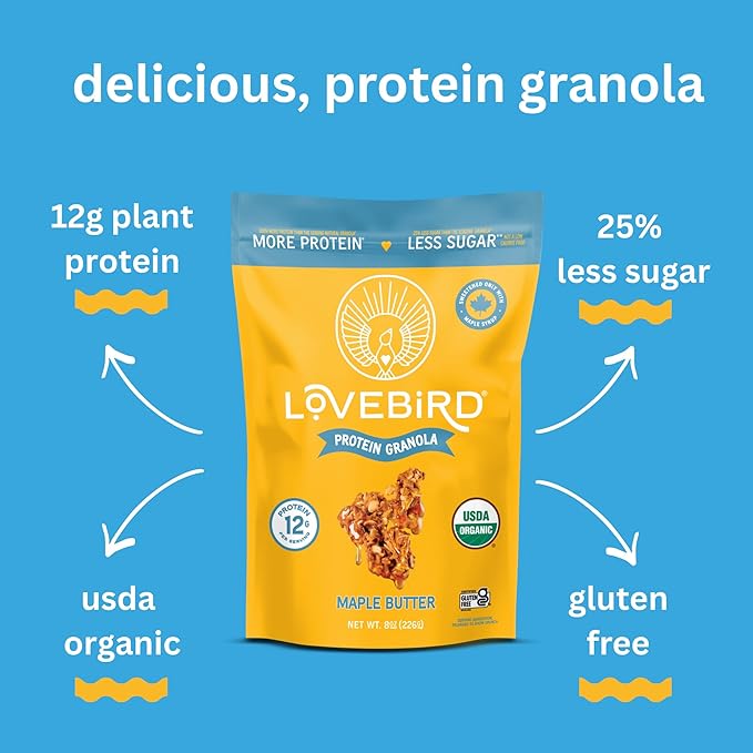 Lovebird Gluten Free Granola - Organic Protein Granola - 7 Real Ingredients - No Refined Sugar &amp Healthy Maple Butter Mix for High Protein Cereal Gut Health USDA Organic - Maple Butter 3 Pack