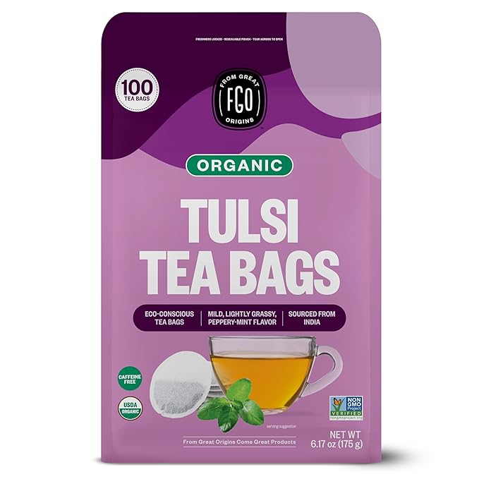FGO Organic Tulsi Holy Basil Tea 100 Count Eco-Conscious Herbal Tea Bags Resealable Bag Caffeine Free Packaging May Vary (Pack of 1)