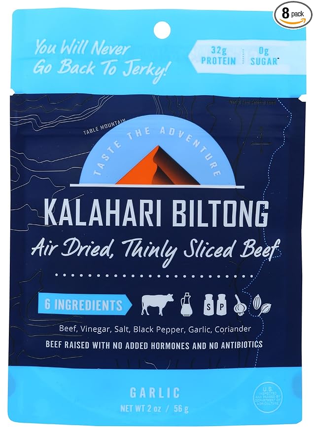 Kalahari Biltong Air Dried Thinly Sliced Beef Garlic Flavored Sugar Free Gluten Free Keto and Paleo High Protein Snack 2 Ounce (Pack of 8)