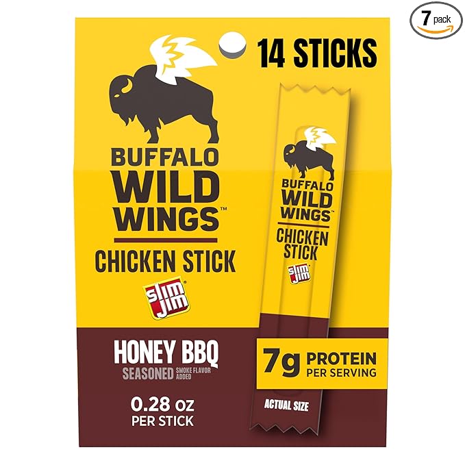 Slim Jim Chicken Sticks Buffalo Wild Wings Honey BBQ Seasoned 7g Protein per Serving Snack Size Easter Basket Stuffer for Men 0.28 oz. 14 Count (Pack of 7)