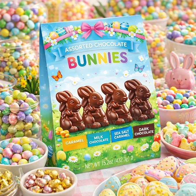 Bunnies Chocolate Molds Assorted Candy 15 Oz Bag Individually Wrapped Bunny Figures - 4 Flavors Milk Chocolate Caramel Sea Salt Dark Treat Easter Egg Hunt Basket Stuffer Party Favor Gift Snack